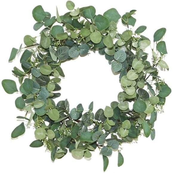 Artificial Eucalyptus Wreath -20" Fake Green Leaves Eucalyptus Wreath with Seeds - Picture 1 of 6